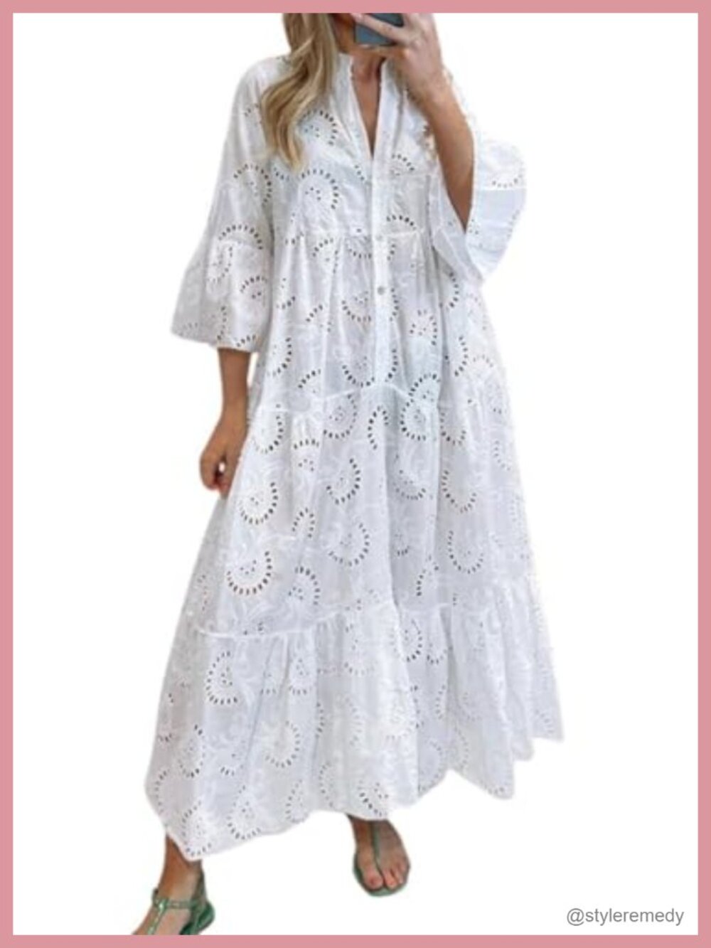 Lace Eyelet Embroidery Maxi Dress V-Neck Trumpet Sleeve Boho Flowy Swing